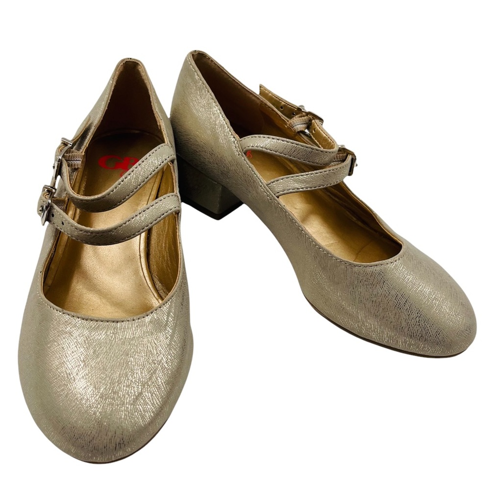 Gianni Bini GB Girls Low Heel Metallic Gold Cross Strap Buckle Dress Shoes 2 M